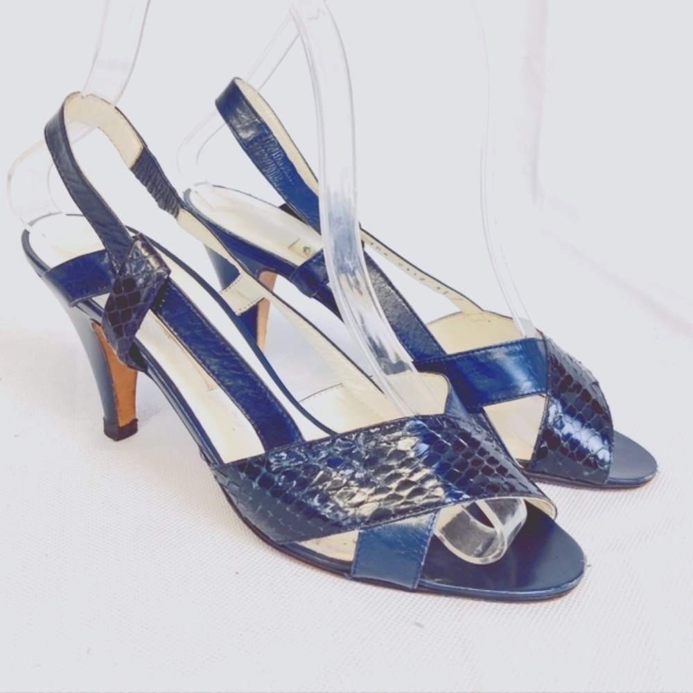 Gucci Blue Snakeskin Slingback Heels Size 37 Vintage 70s–80s Sandals Made Italy - Picture 3 of 15
